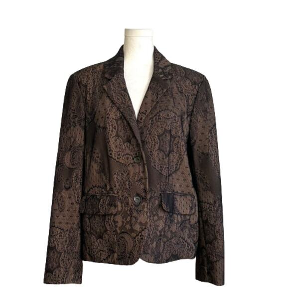 Rafaella Blazer Brown Black Lace Overlay Flap Pockets Career Jacket Size 12 - Picture 12 of 12